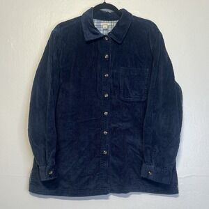 LL Bean Shirt Jacket Womens Sz L Navy Blue Corduroy Plaid Flannel Lined Shacket